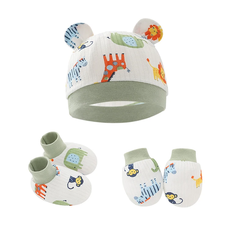 Summer Baby Cotton Mittens 100% Organic Cotton Hat Gloves Foot Cover Set Newborn