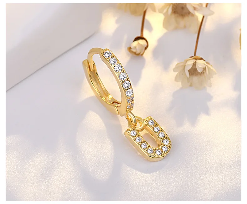 Fashion 3A Cubic Zircon New Exquisite Initial Earrings Creative 26 English Lettere 14k Gold Plated Zircon Earrings