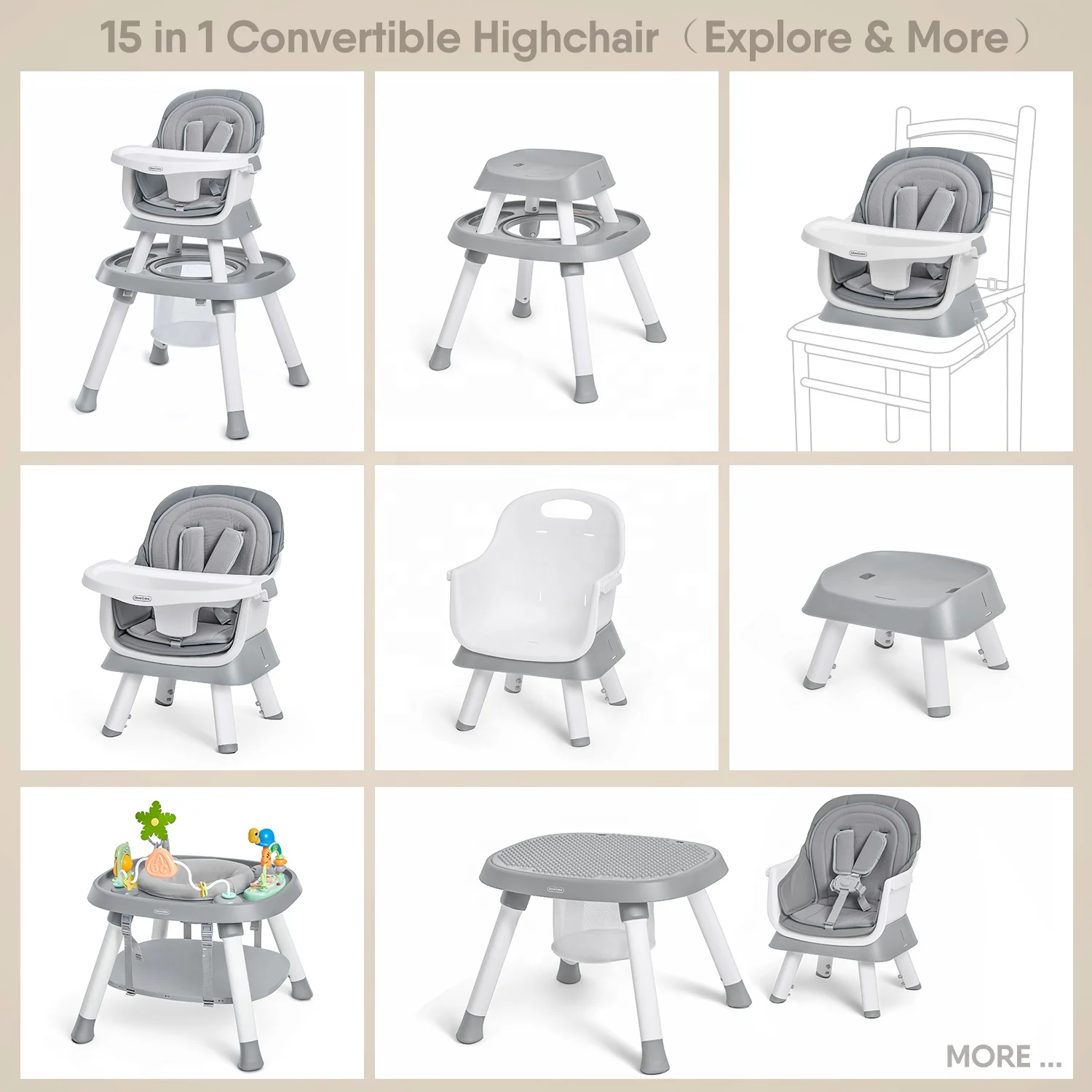 15 in 1 Baby High Chair Convertible Highchair for Babies Toddlers Booster Seats with Tray, High Chairs with Baby Activity Center