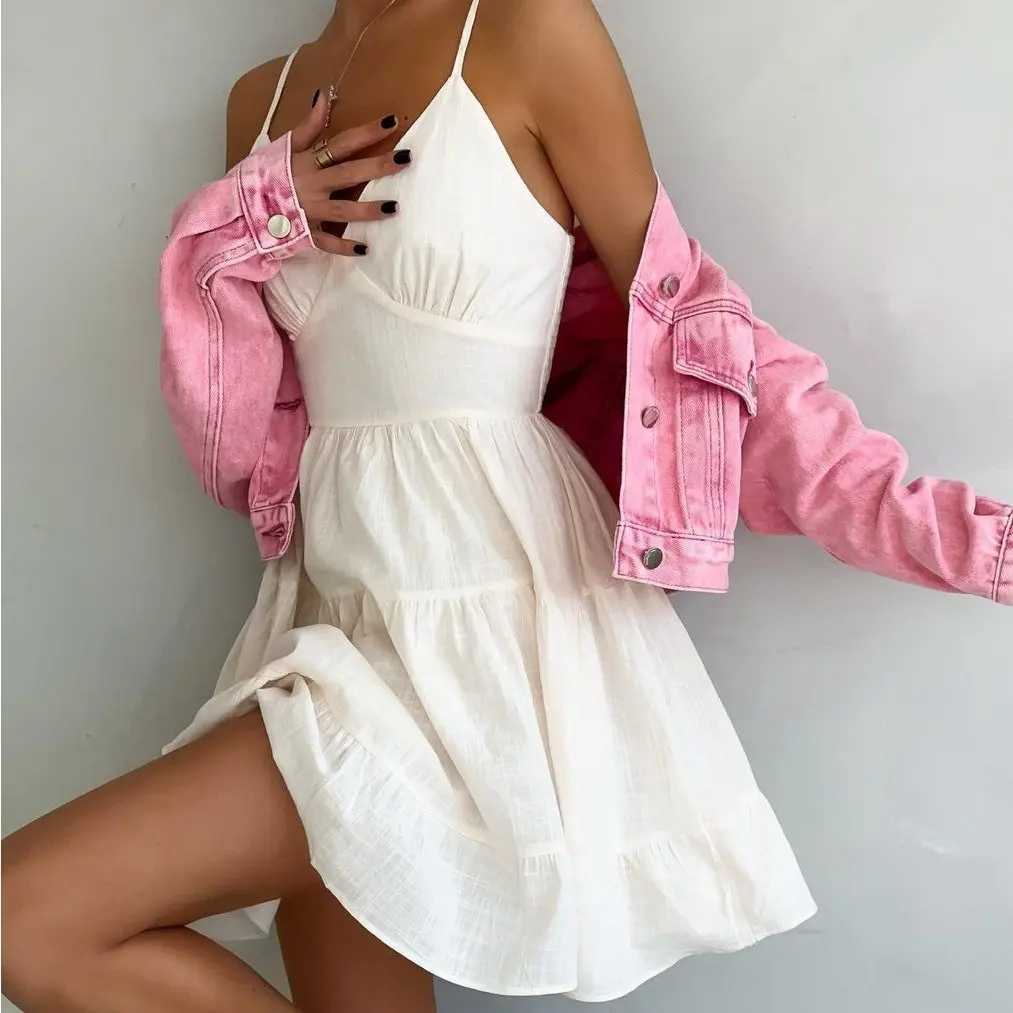 Enyami Holiday Summer Elegant Romantic Style Resort Cotton Linen Sleeveless Casual A-line Mini Cami Dress Women