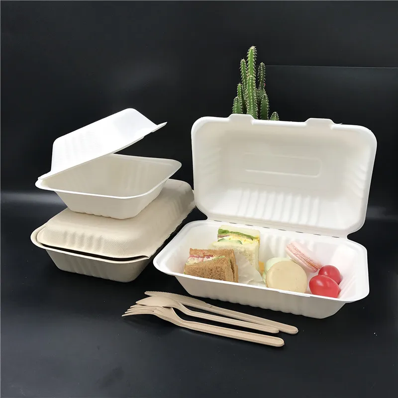 7*5 inch bagasse disposable biodegradable food packaging sandwich box paper takeout clamshell container with lid