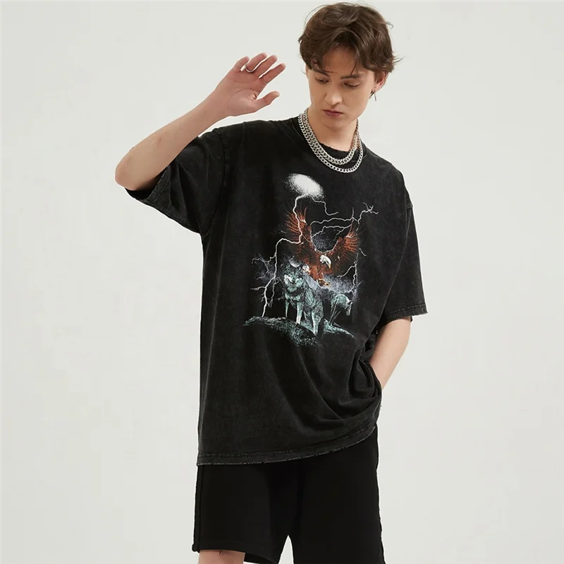 High Street Hip Hop DTG Printing Vintage Crewneck Acid Washed T shirt Men