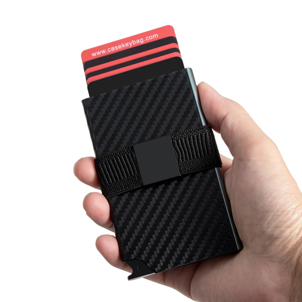 Men Slim Minimalist Carbon Fiber Leather Pop Up Wallet Billetera Fibra De Carbono RFID Blocking Metal Aluminum Smart Card Holder