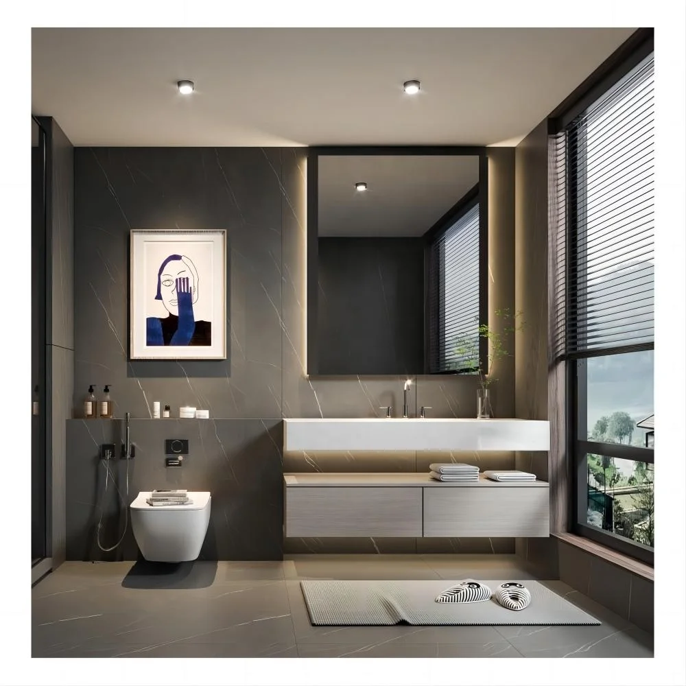 Luxury hotel modern design mirror marble wood bathroom vanity unit with sink 30 inch 48 inch rock slab stone wash basin