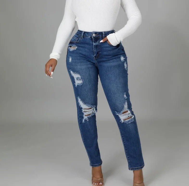 KCJ1032 Wholesale Women Casual Ripped Denim Jeans Skinny Holes High Waist Long Pants For Women