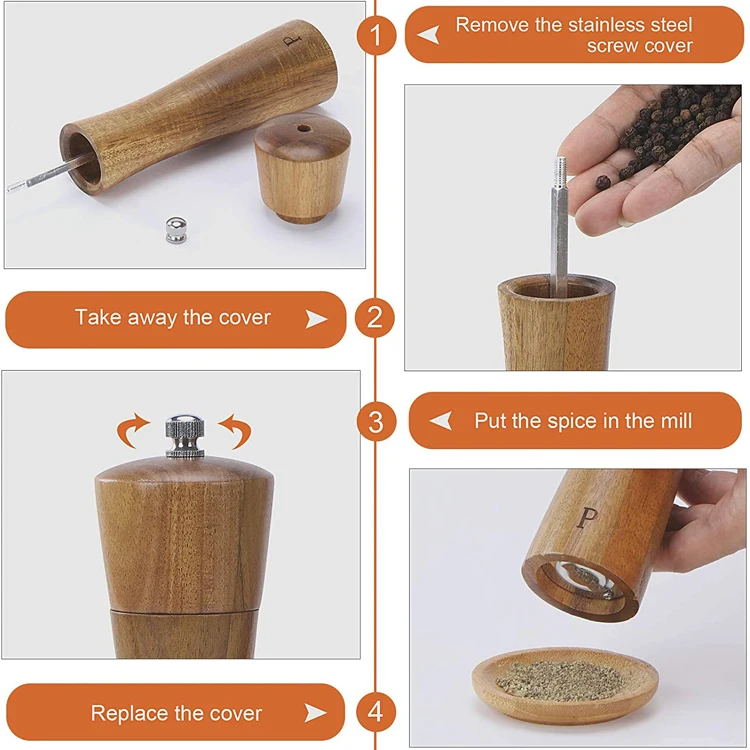 Hand operate Wood Acacia Wooden Salt Pepper Grinder