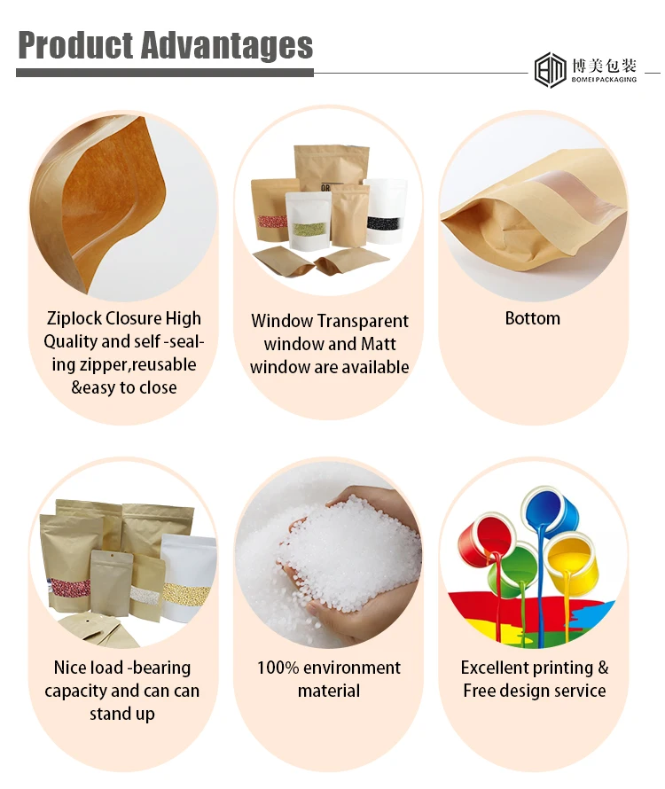 
Recycle Stand Up Pouch Zip Lock Dried Biodegradable Kraft Paper Bag Food Packaging Biodegradable Bags 