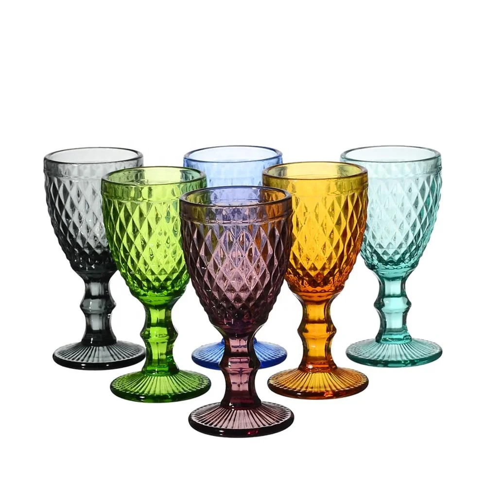 Samyo Vintage Embossed Solid Color Goblet Pressed Wine Glass Bohemia Tequila Shot Glasses