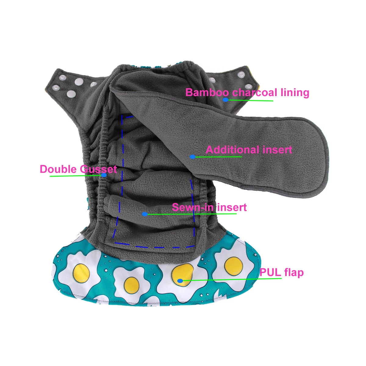 Absorbent AIO cloth diaper reusable all in one diaper nappy bamboo charcoal gusset additional insert for heavy wetter night