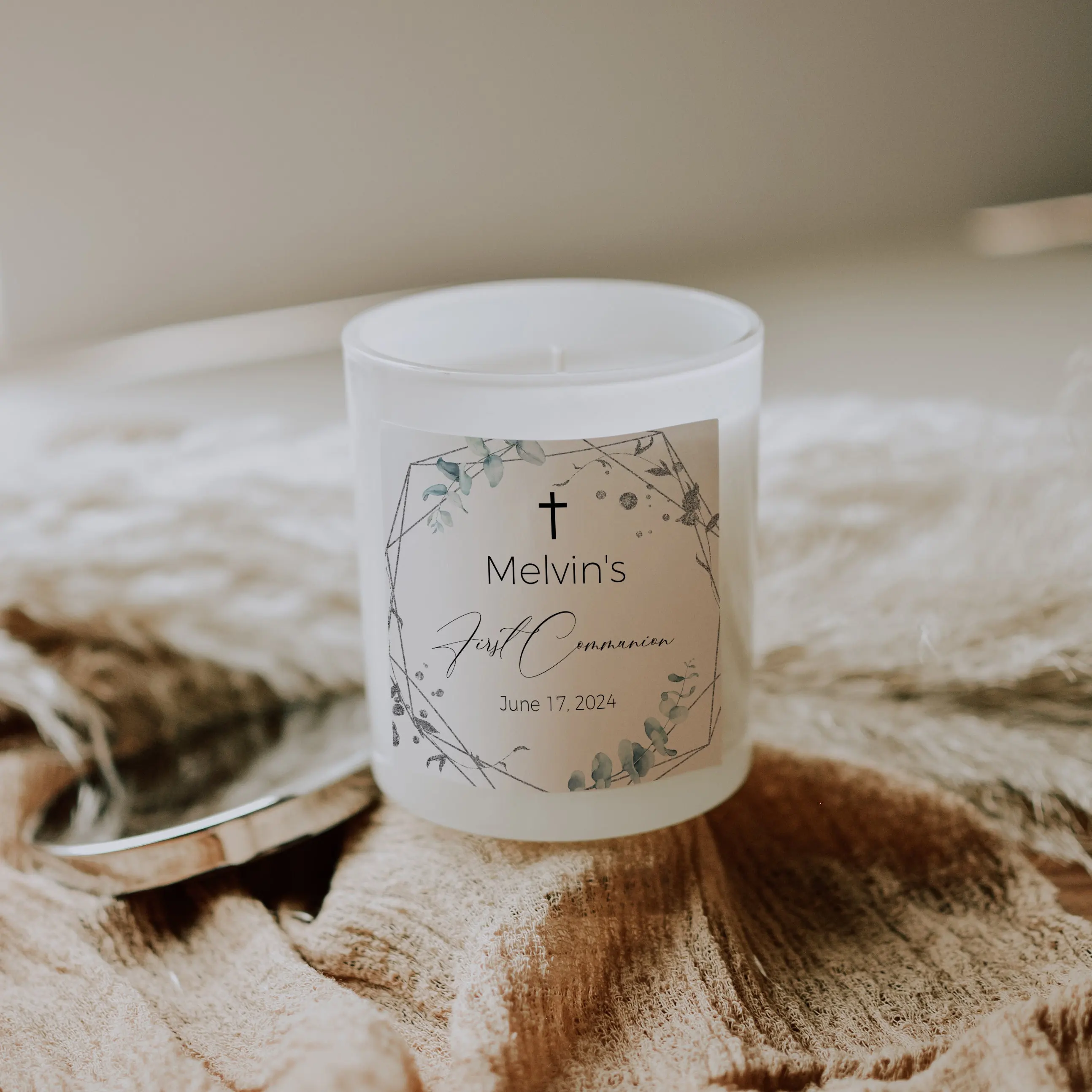 Silver First Communion Candle Label Template Thank You Favor Baptism Favor Printable Eucalyptus 100% Editable Religious T