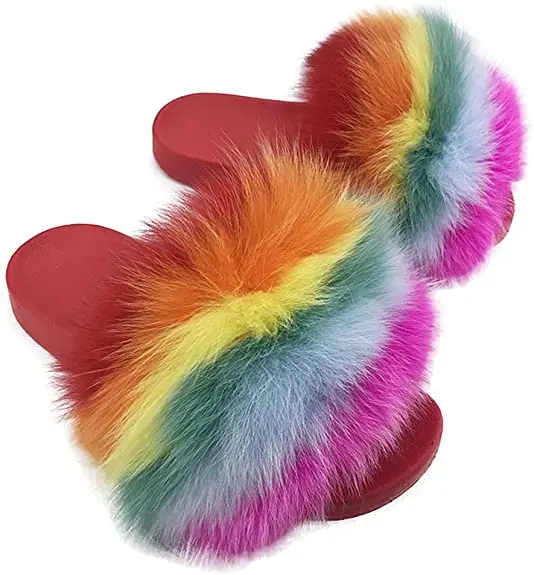 Chinese wholesale fluffy custom furry fur slides for ladies rubber summer pvc slipper raccoon fox fur slippers for women