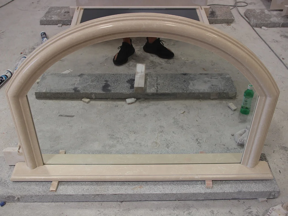 Ivory Pearl Polar White Grey Micro Marble Artificial Stone Fireplace Arched Overmantel with Mirror