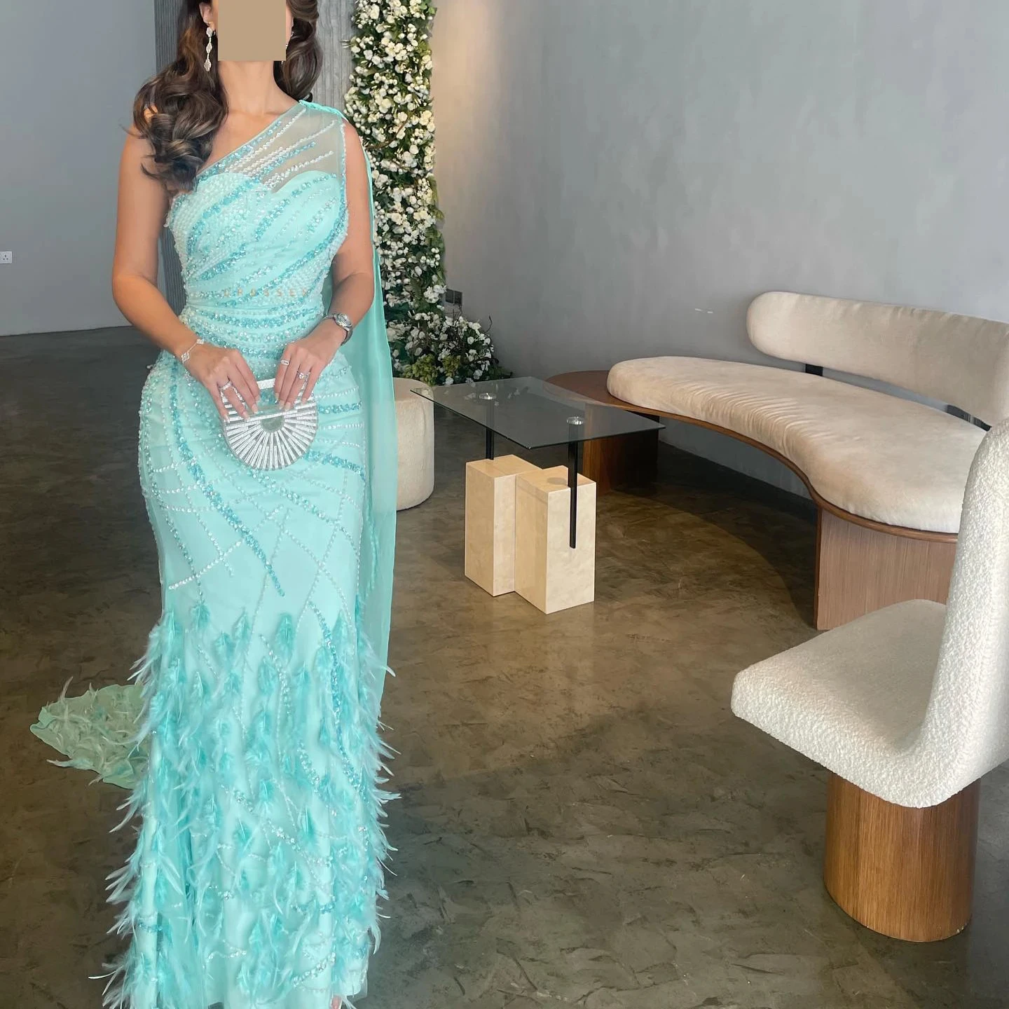 Luxury Feather Turquoise Aqua One Shoulder Mermaid Evening Dress with Cape Train Long Prom Wedding Party Gowns SZ498-2