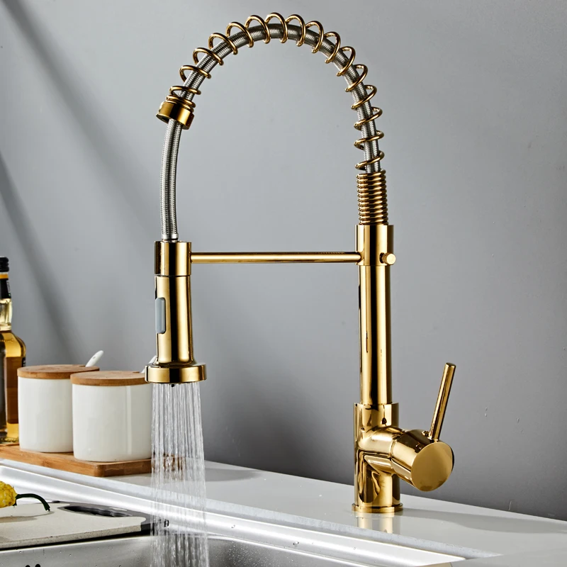 Pull out faucet pure copper single handle gold kitchen sink faucet single hole luxury brass drawing faucet
