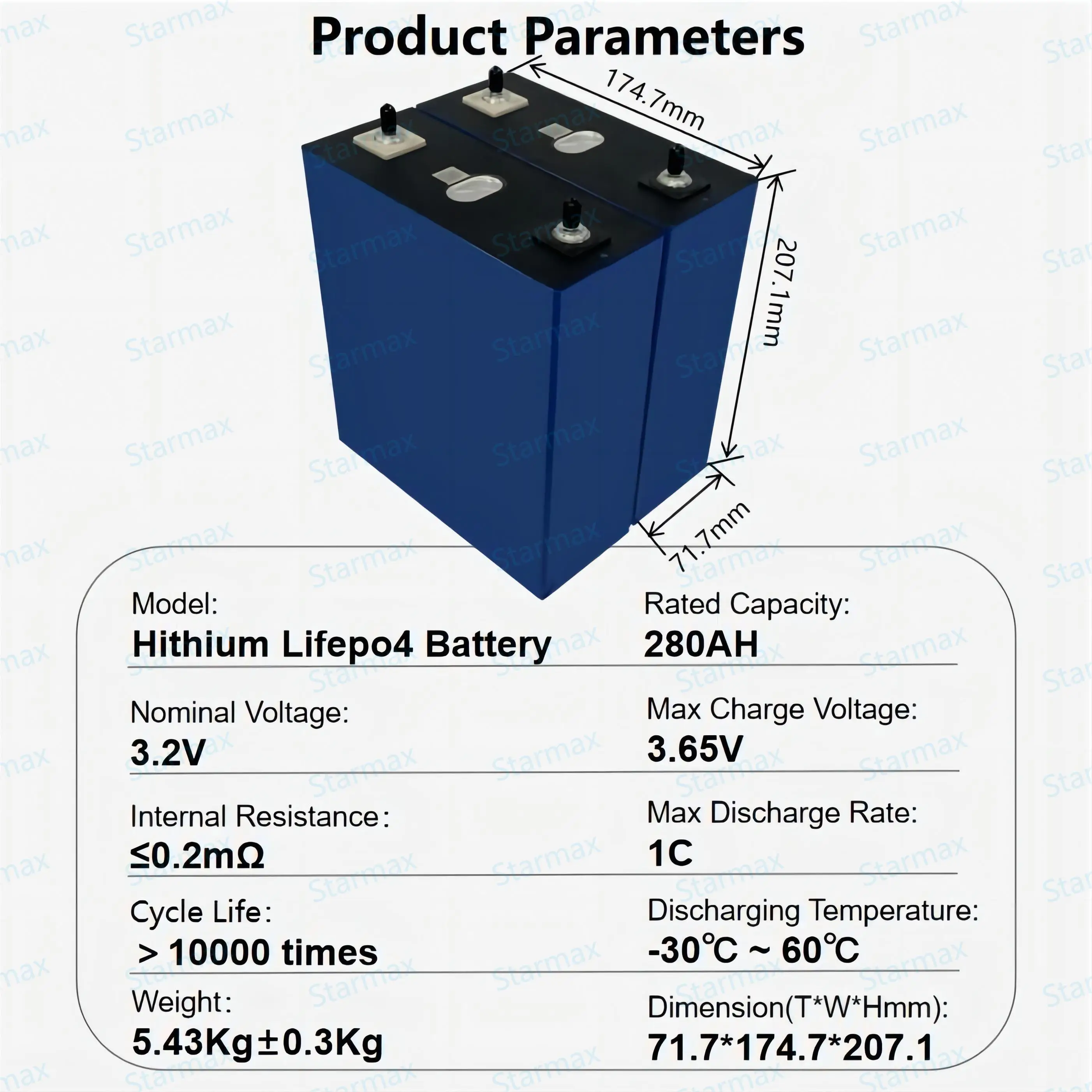 Starmax 10000 Long Cycles Hithium 3.2V 280Ah Lifepo4 Battery Cell 3.2V Prismatic LFP Lipo4 Energy Storage Battery