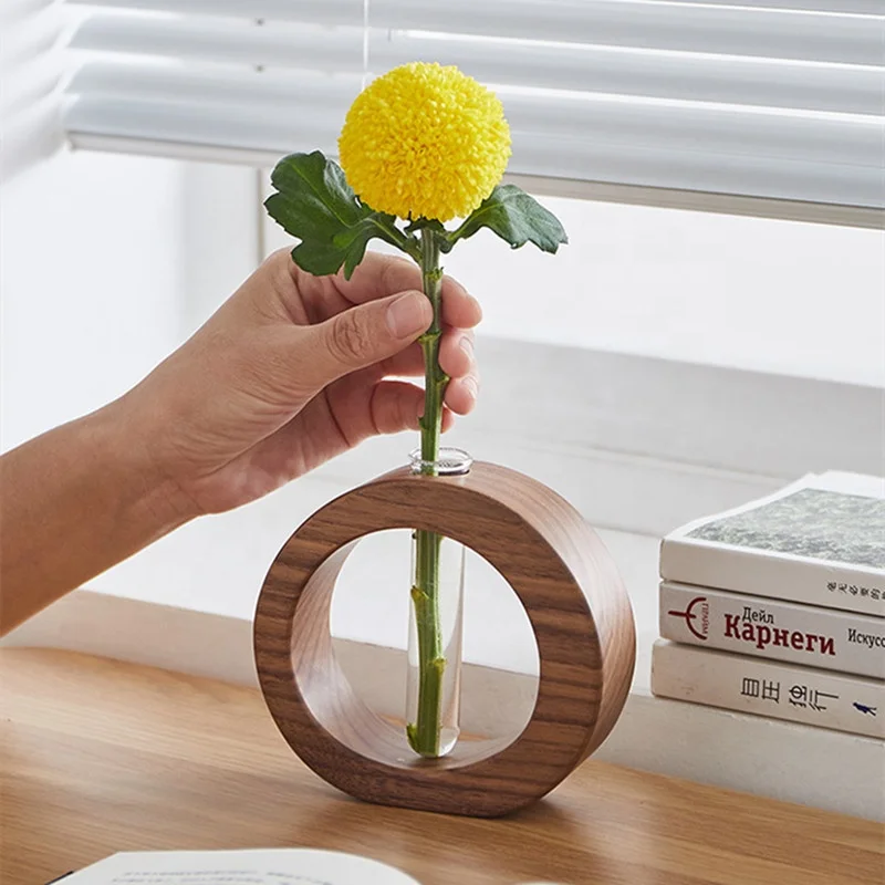 Desktop Wooden Vases Glass Tube Flower Bud Vase Hydroponic Home Decor With Solid Wood Frame