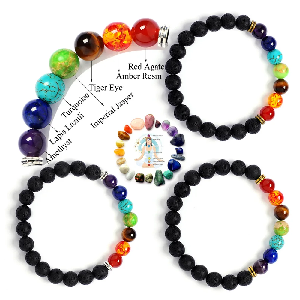 Azone Wholesale 7 Chakra Healing Bracelet Real Stones Volcanic Lava Mala Meditation Bracelets Wrap Stretch Charm Bracelets