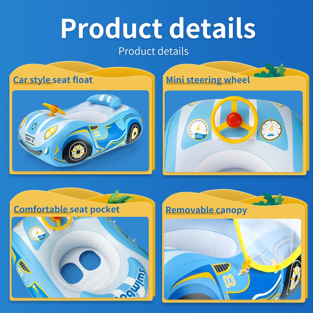 Swimbobo Hot Sale Blue Car Swimming Seat Boat Floating Water Toy Steer Kids Inflatable Children Swim Pool Float Ring With Canopy