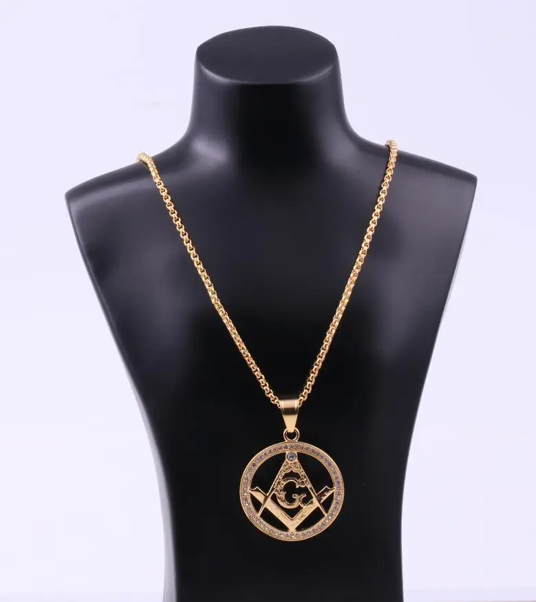 2020 Hip hop jewelry full rhinestones Masonic charm necklace wholesale gold chain necklace for man