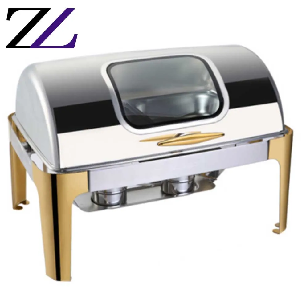 Catering buffet serving stove chaffers square widows food warmer roll-top lid chaffer stainless steel modern chafing dish deluxe