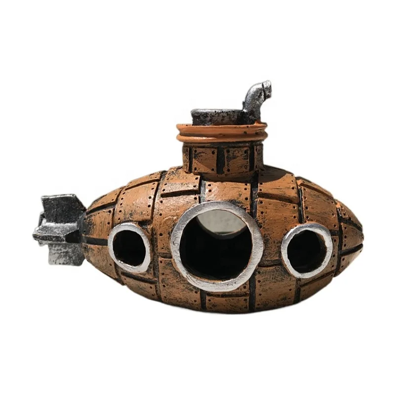 Wholesale Rock Cave Decor For Fish Shrimp Artificial Submarine Ship Air Bubble Decoration Aquarium Ship Boat Ornament Aquatic