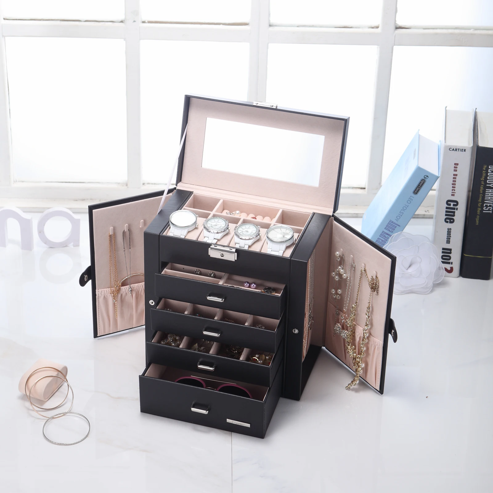 Youbei jewellery case with five compartments layers and side flaps box custom logo printed jewelry boxes