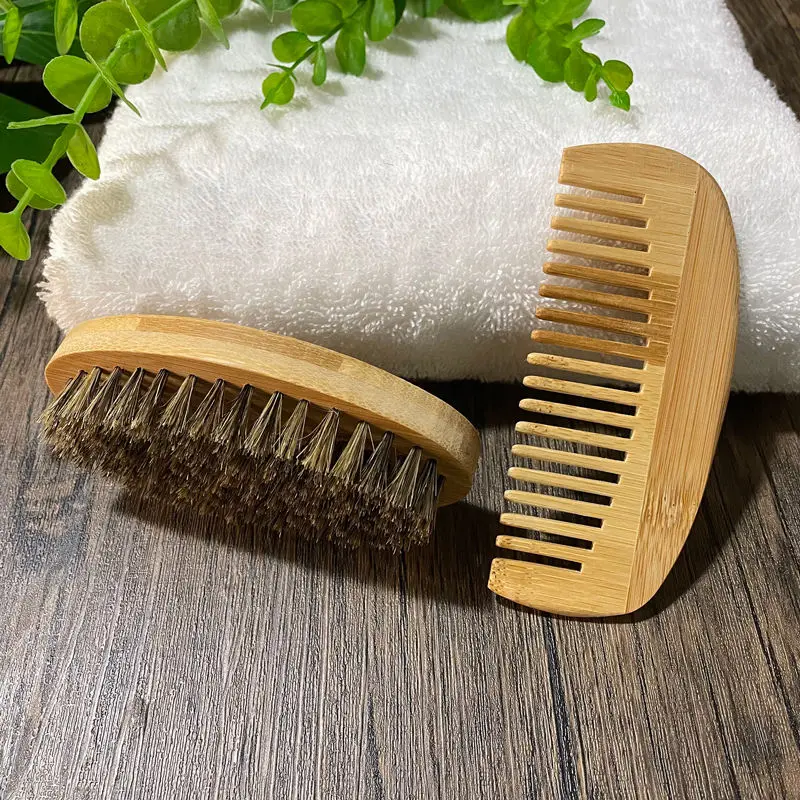 Stock Wholesale Custom Logo Private Label Mens Beard Care Kit Product Natural Bamboo and Boar Bristle Beard Brush and Comb Set