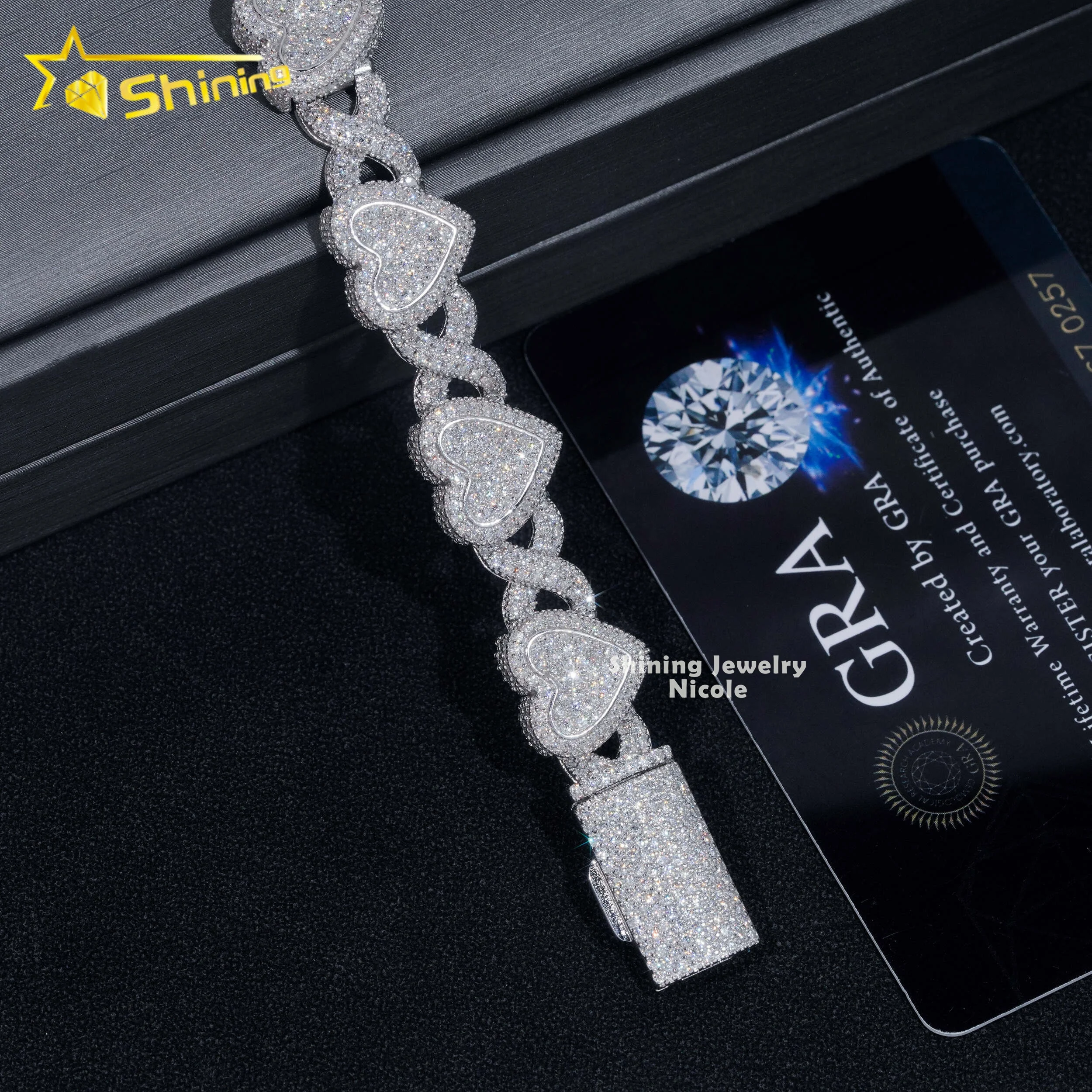 GRA Certificate Men Women Iced Out Hip Hop 925 Silver Heart Moissanite Infinity Cuban Link Bracelet