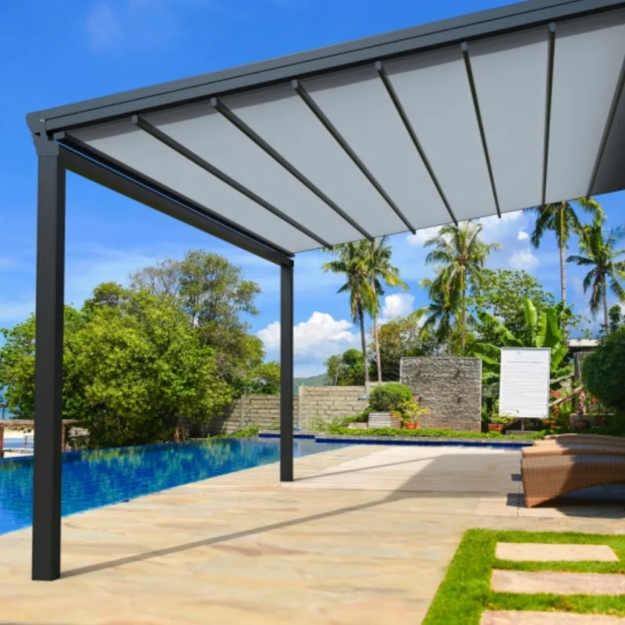 Motorized Waterproof PVC Pergola Roof Patio Canopy Retractable folding Awnings With Led Strip Lights