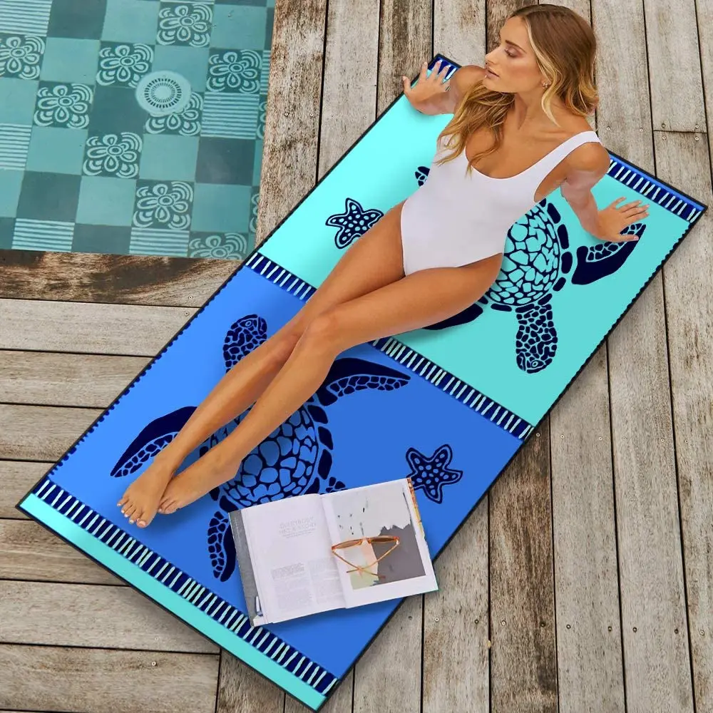 Free Sample Custom Ocean Print Oversized Rectangle Absorbent Extra Large Polyester Cotton Recycled Beach Towel