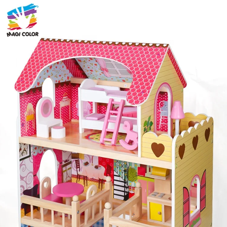 
Ready To Ship best design miniature pink girl wooden doll house for pretend play W06A163C 