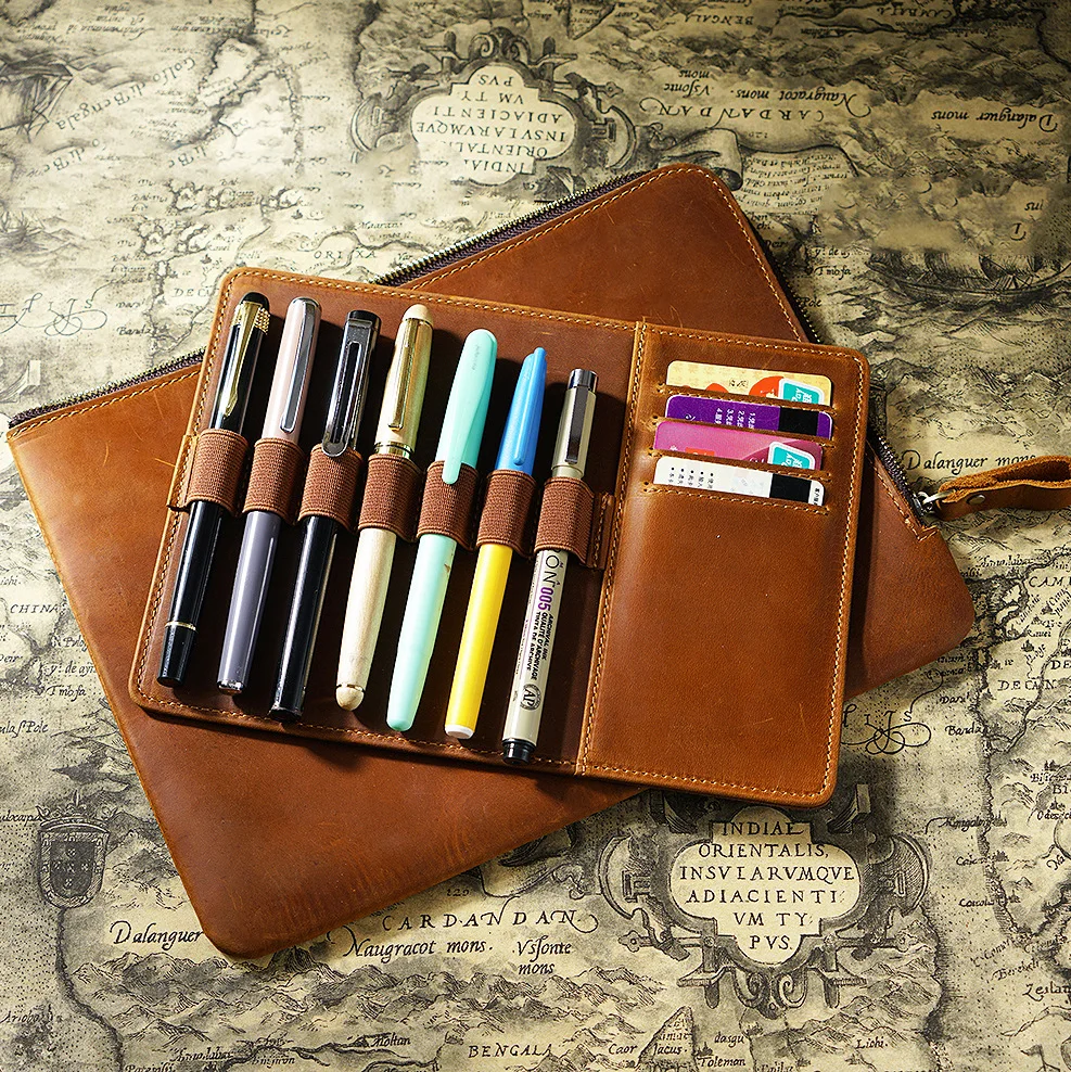 Large Capacity Storage Cowhide Genuine Leather Pencil Pen Pouch Bags Custom Credit Card And Pen Box With Card Holder