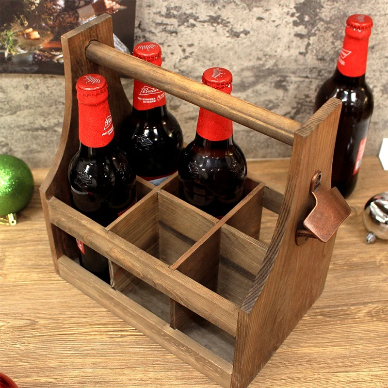 Pan party use Handmade Rustic beer basket with opener Wooden 6 pack beer bottle holder / caddy wine beer carrier