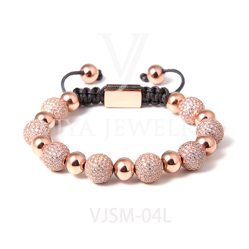 New Arrival Luxury Hand Jewelry 10mm Brass Bead Micro Zircon Pave Braided Men Beads Bracelet