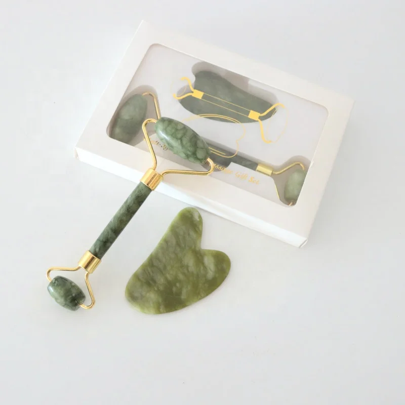  private label natural nephrite custom facial green jade skin face stone ball roller and gua sha massager with box for