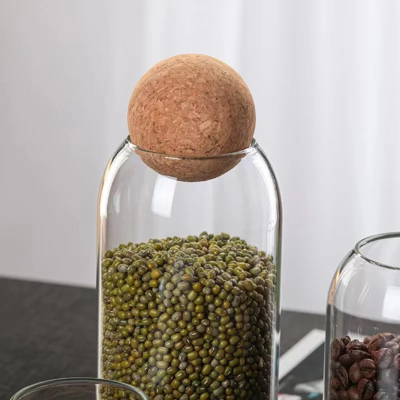 Glass Bottle Wooden Cork Ball Stopper Jar Wholesale Borosilicate Lid Glass Kitchen Food 500ml 800ml 1200ml Bamboo Food Container