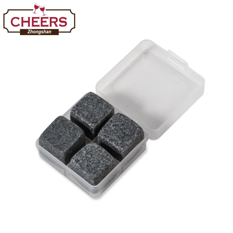 Deep Gray Granite Whiskey Stones, Ice Cube Rocks, Set of 9 Reusable Whiskey Wine & Beverage Chilling Rocks with Velvet Gift Bag