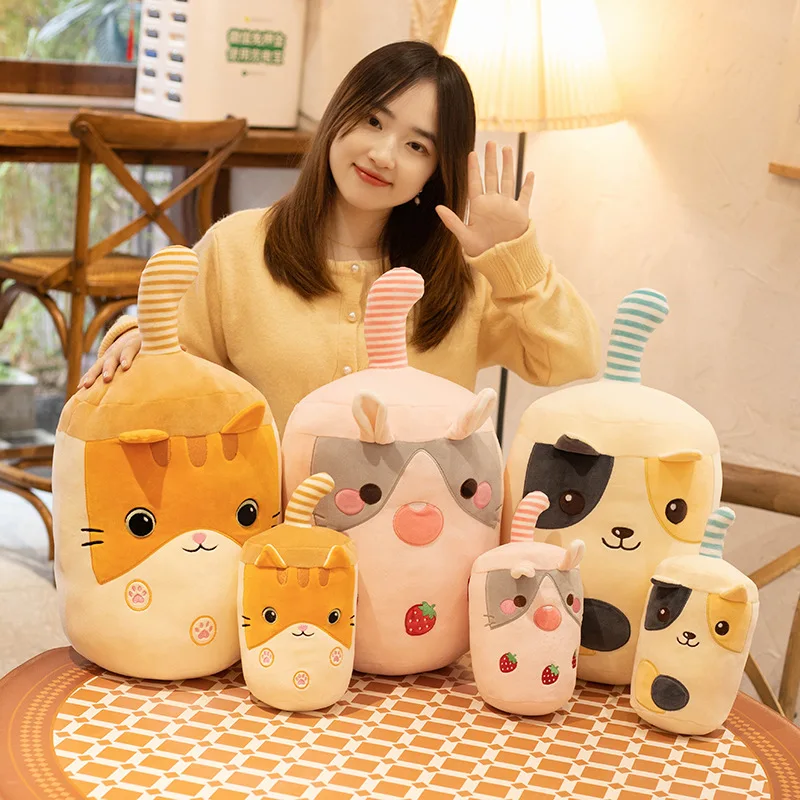 New Creative Cat Rabbit Boba Stuffed Animal Toys Cute Cartoon Squishy Soft Pillow Cushion Bunny Boba Milk Tea Cup Plush Toy