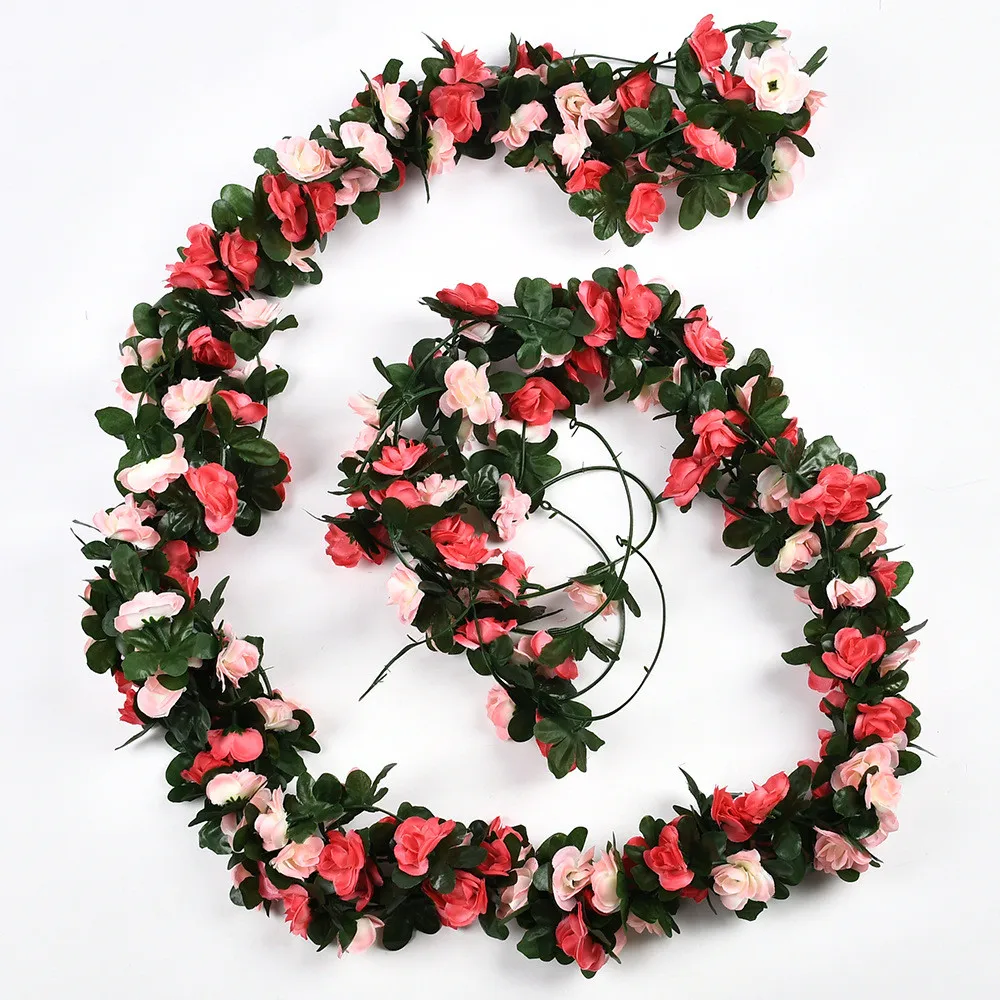 Wholesale 8.2ft artificial rose garland mixed double colors faux wedding wall backdrop hanging flowers vine fabric flower wall