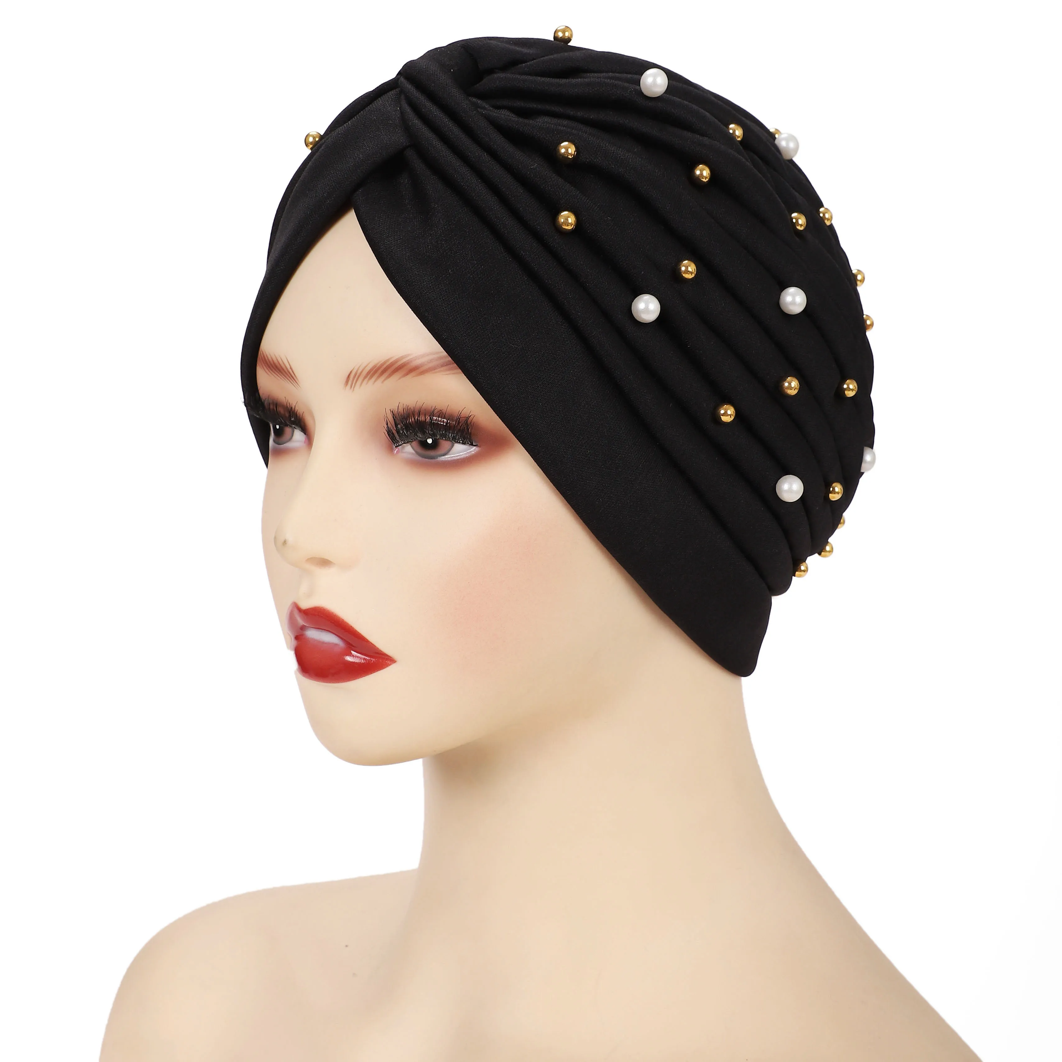 New Soft Solid Color Muslim Ladies Hijab Women Indonesia Muslim Cap Headwrap Beads Bandana Headband Hair Accessories Turban Hat