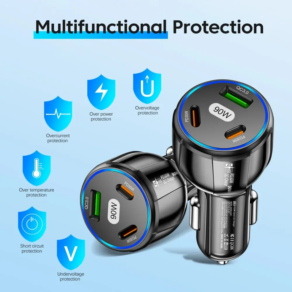 PSDA 90W Car Charger USB C QC3.0 USB Fast Charger for Mobile Phone in Car PD Type C Power Adapter for iphone 15 14 Xiaomi poc