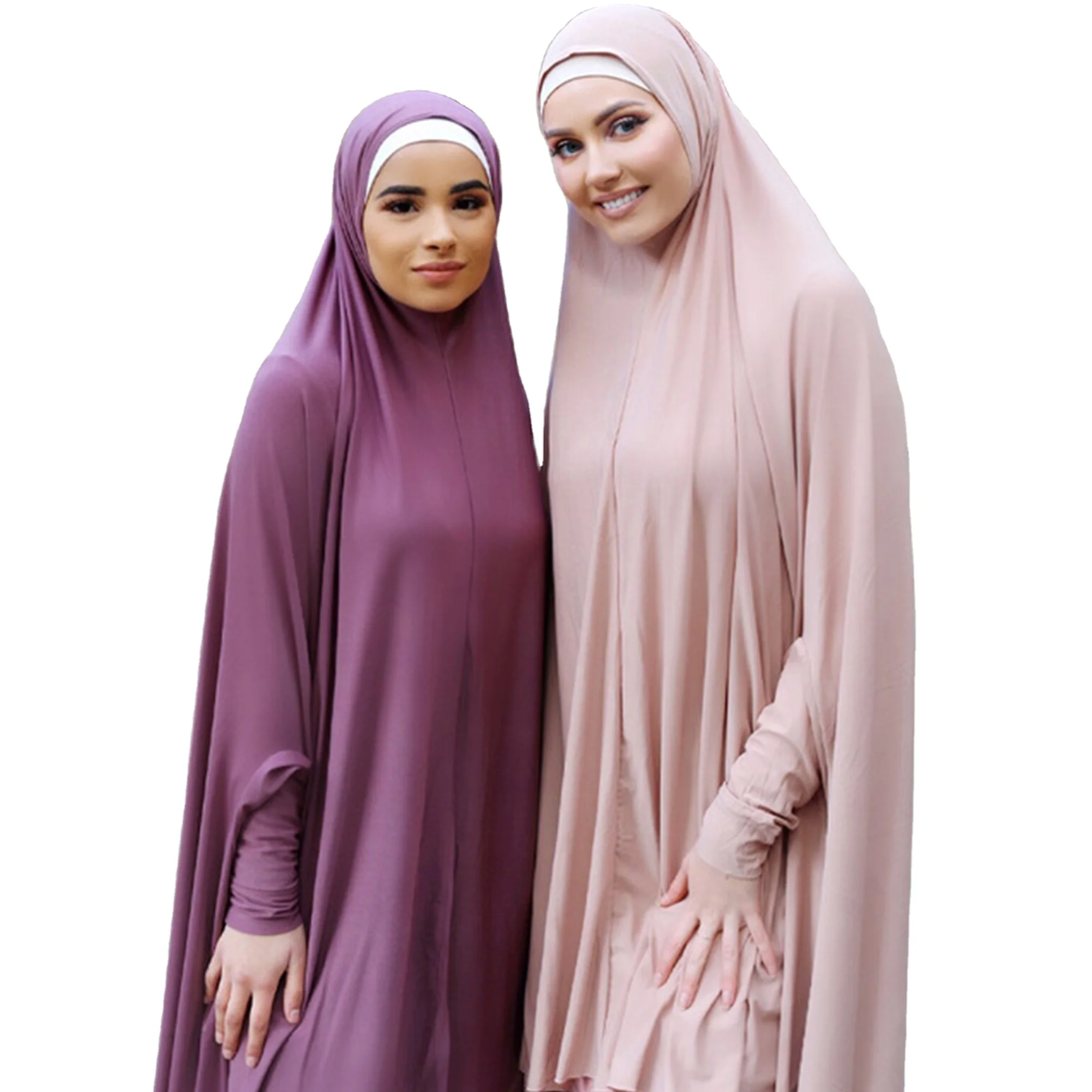 High Quality Solid Color Stretchy Sleeved Jelbab Long Hijab Islamic Khimar Muslim Ramadan Prayer Abaya