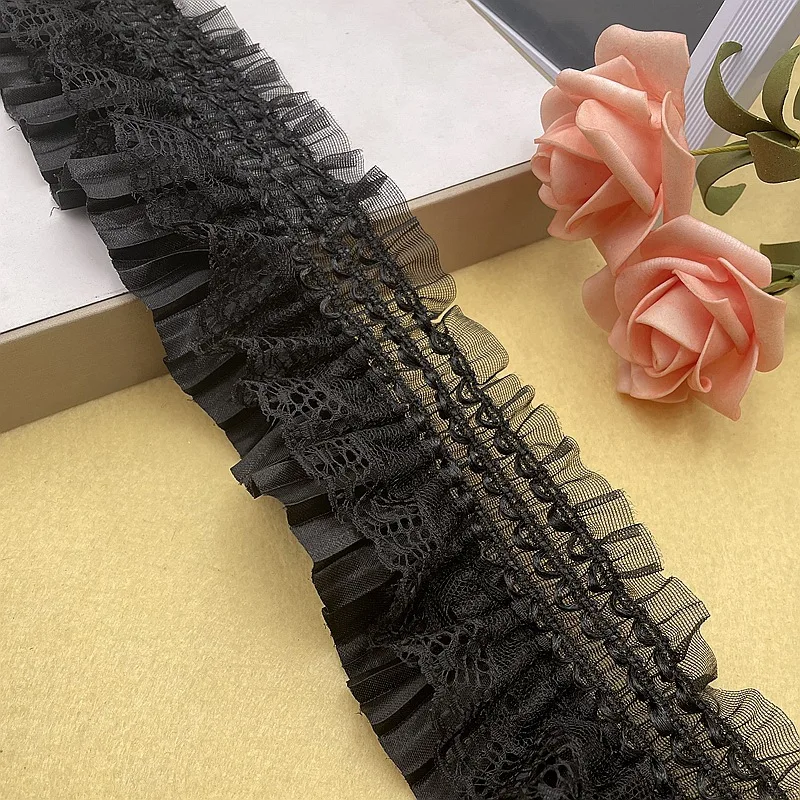 Stock 7.5CM wide color elastic folding lace skirt cuff lace trim black