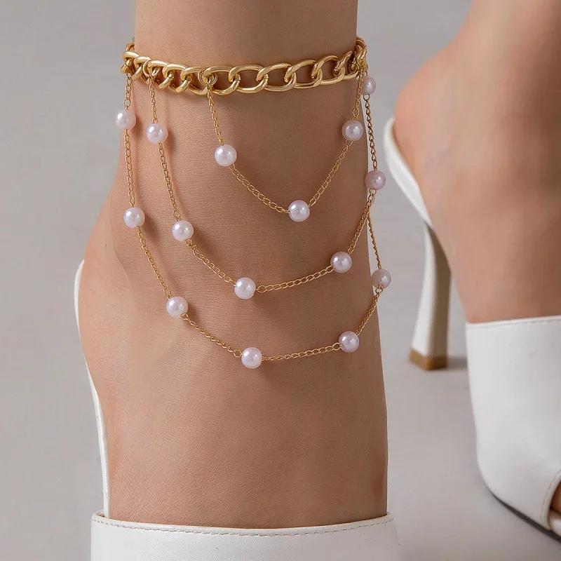 2025 New Fashion Simple Foot Decoration Pearl Beaded Multi-Layer Anklet Every Beach Wind Anklet