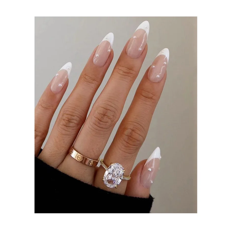 NA0775 24pcs French Point Diamond Fake Nails Wearing Artificial Square Press On Acrylic Nail Art Pearl Patch Almond False Nails