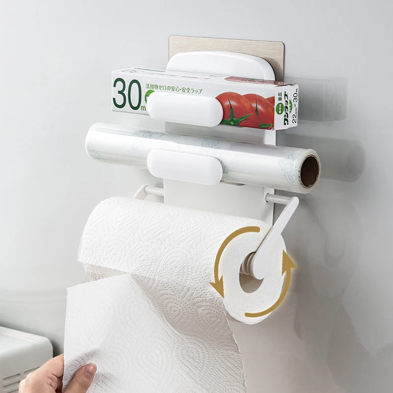 3 in 1 MULTI-FUNCTION  Wall mounted Shelf Plastic Aluminum Film wrap Holder Paper Roll Holder  Kitchen Tool Rack
