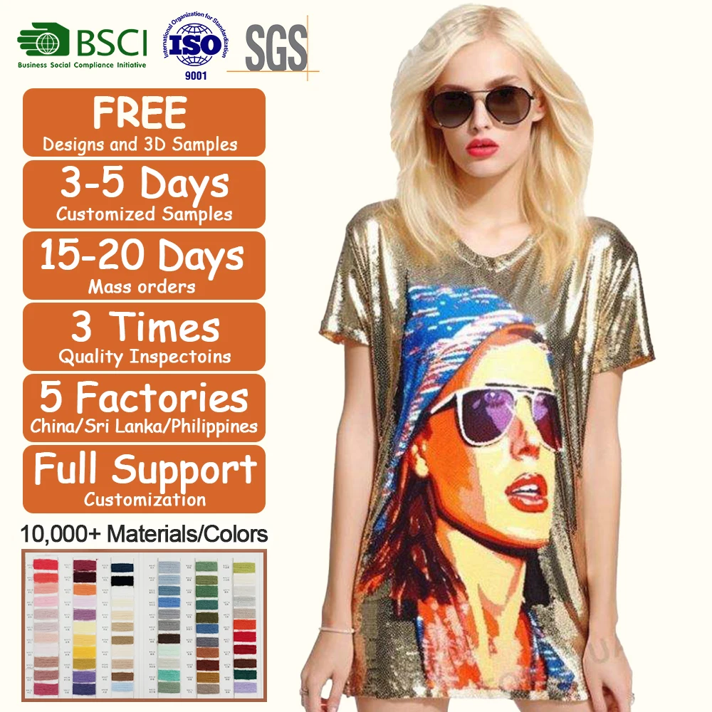 2023 Free Size Long Summer Sequin T-shirt Dress Tee Shirts Clothing Tshirt Plus Size T-shirts New Saint Sequin Shirt For Women