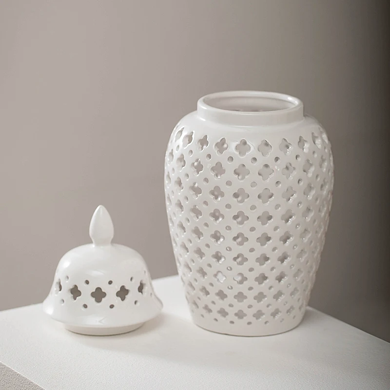 Wholesale Custom Hollow Out Vases with Lid Home Decorative Floor Ceramic Ginger Jar Vase  for Flower