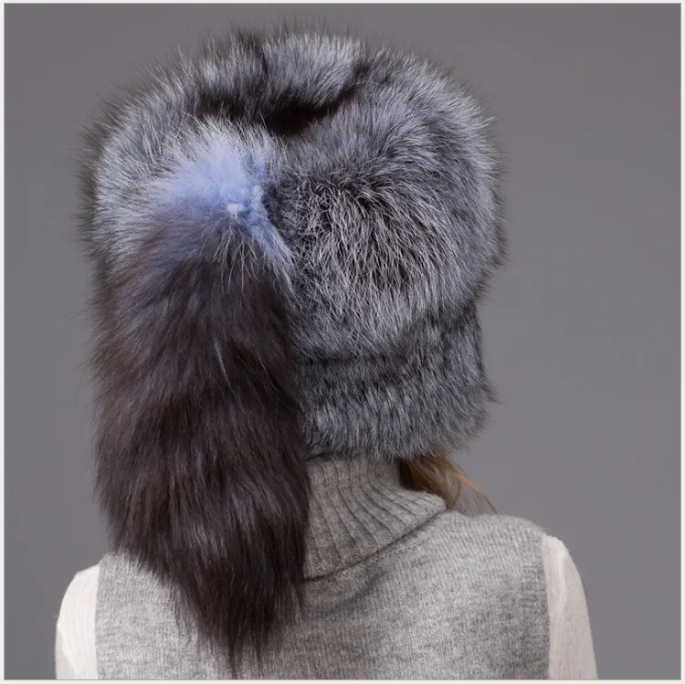 Girls Grey Winter Hat Mongolian Fox Fur Headband Hat Natural Fur Ear Flaps Hat