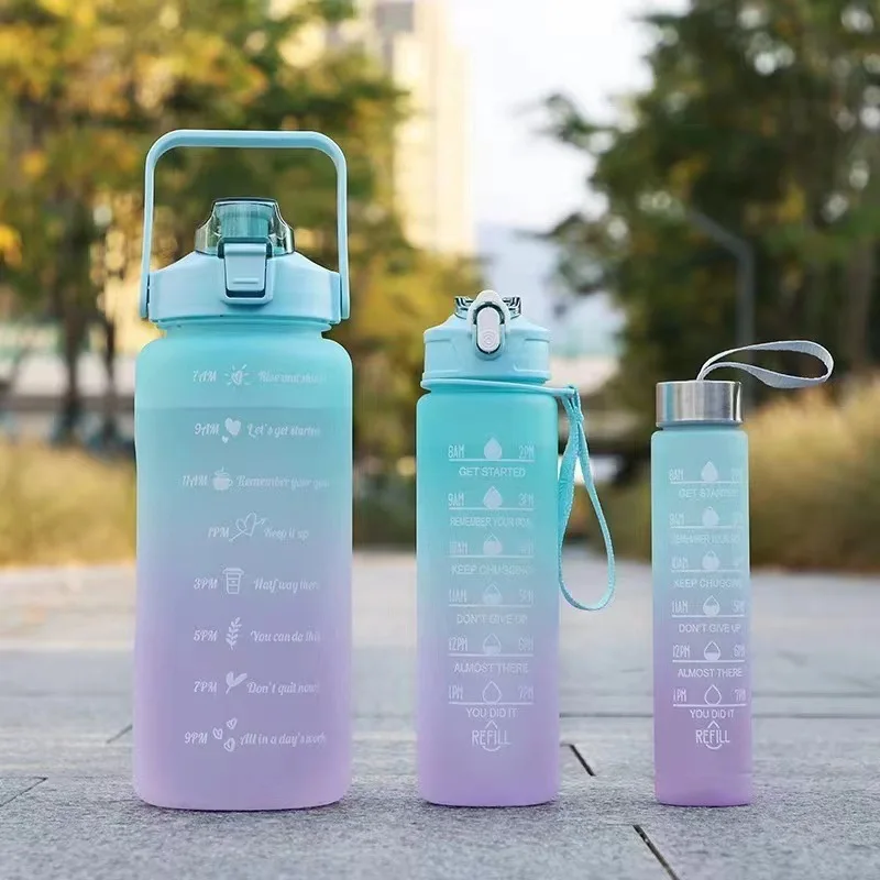 3Pcs/Set Black 2L Motivational Gym Drinking Cup Outdoor Large Capacity Frosted Plastic Sports Water Bottle With Time Marker